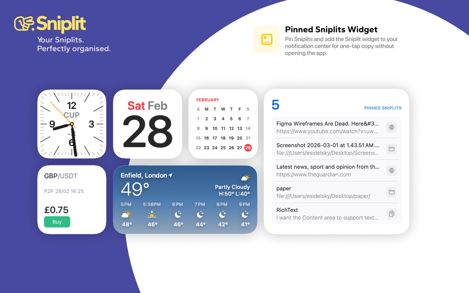 Sniplit’s pinned-snippets widget alongside other macOS desktop widgets, with five snippets available for quick access.